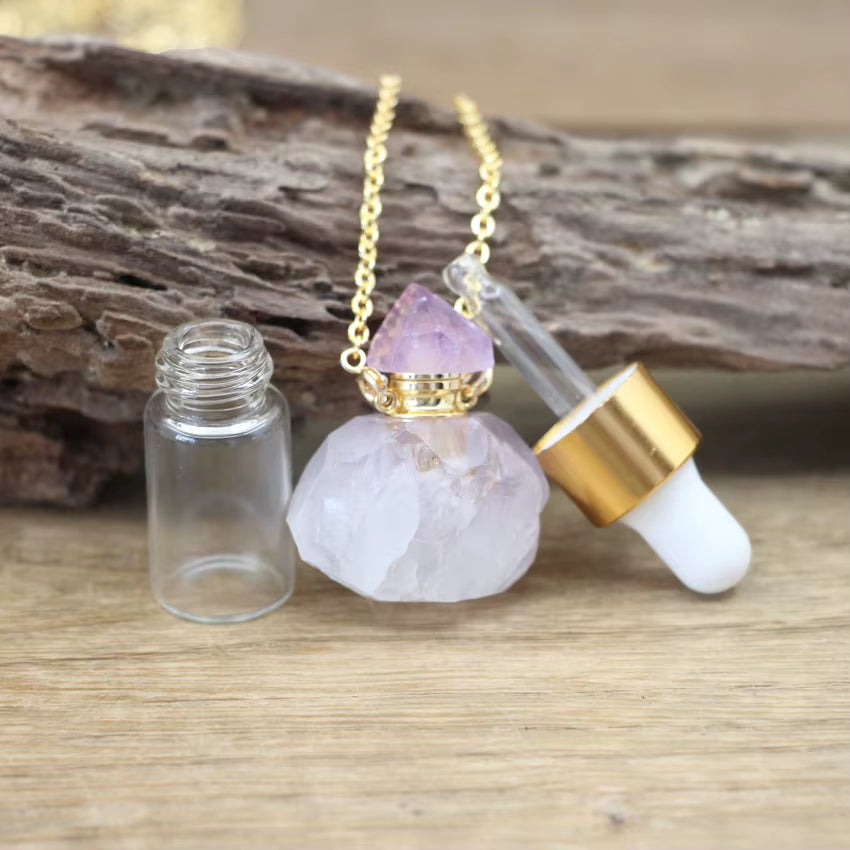 Natural Quartz Raw Stone Essential Oil Vial Pendant Necklace Rough Crystal Citrines Perfume Bottle Fashion Women Jewelry QC1113