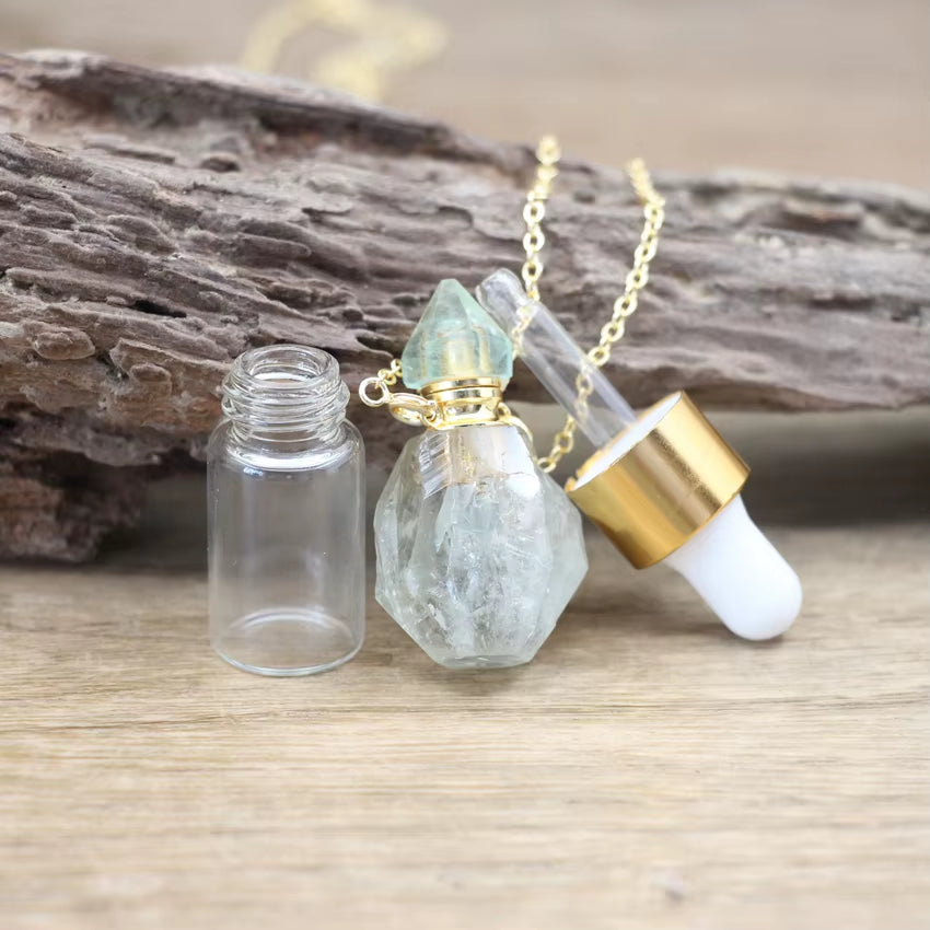 Natural Quartz Raw Stone Essential Oil Vial Pendant Necklace Rough Crystal Citrines Perfume Bottle Fashion Women Jewelry QC1113