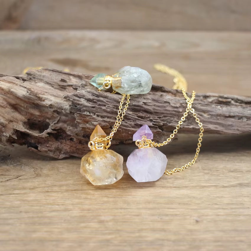Natural Quartz Raw Stone Essential Oil Vial Pendant Necklace Rough Crystal Citrines Perfume Bottle Fashion Women Jewelry QC1113