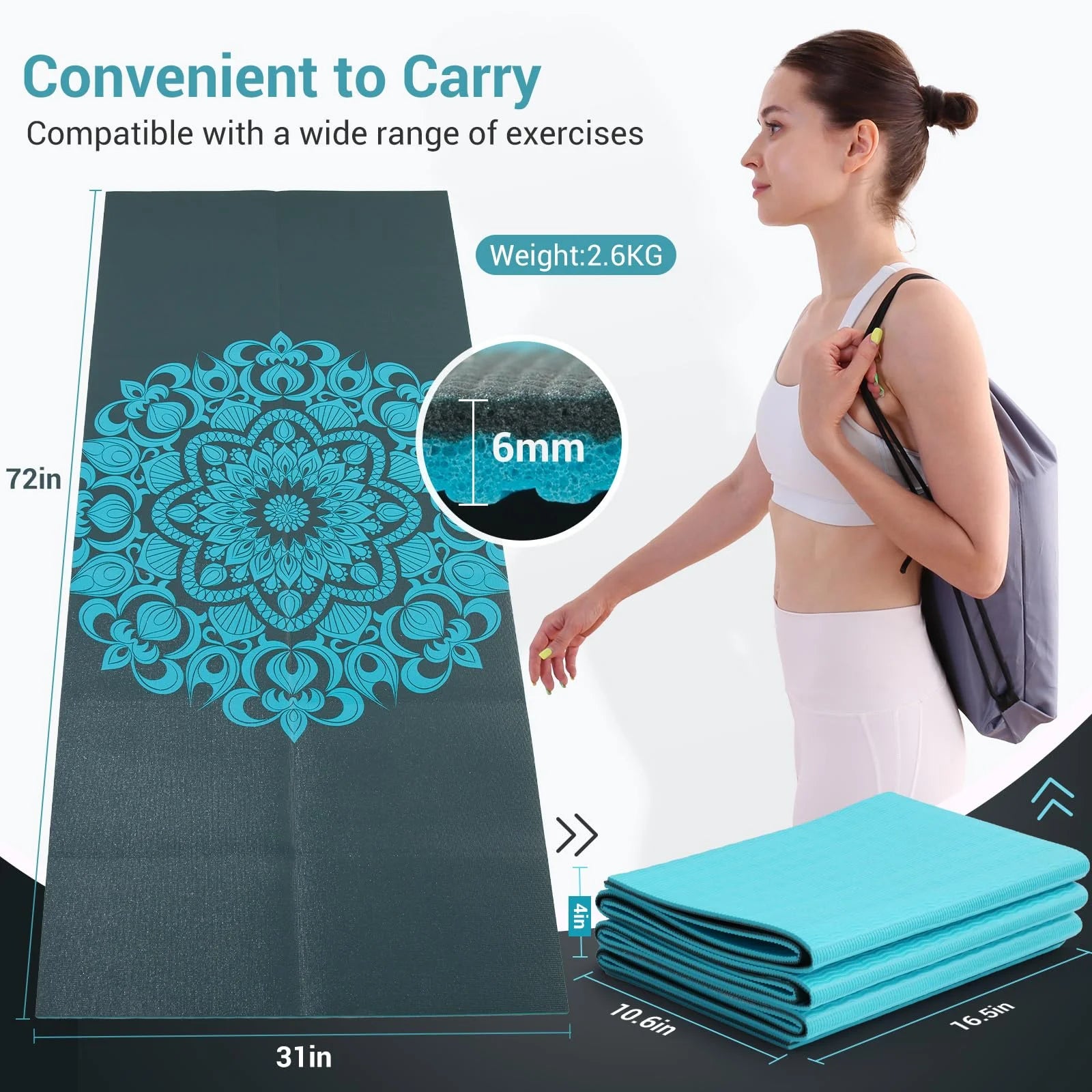 Yoga Mat, Foldable 72" X 32" X 0.24''Double Sided Non-Slip Mat with Bag, Thick Yoga Mat for Workout Fitness Pilates Stretching