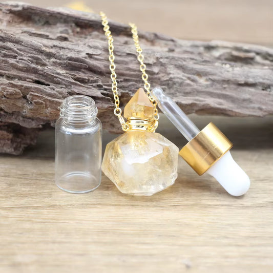 Natural Quartz Raw Stone Essential Oil Vial Pendant Necklace Rough Crystal Citrines Perfume Bottle Fashion Women Jewelry QC1113
